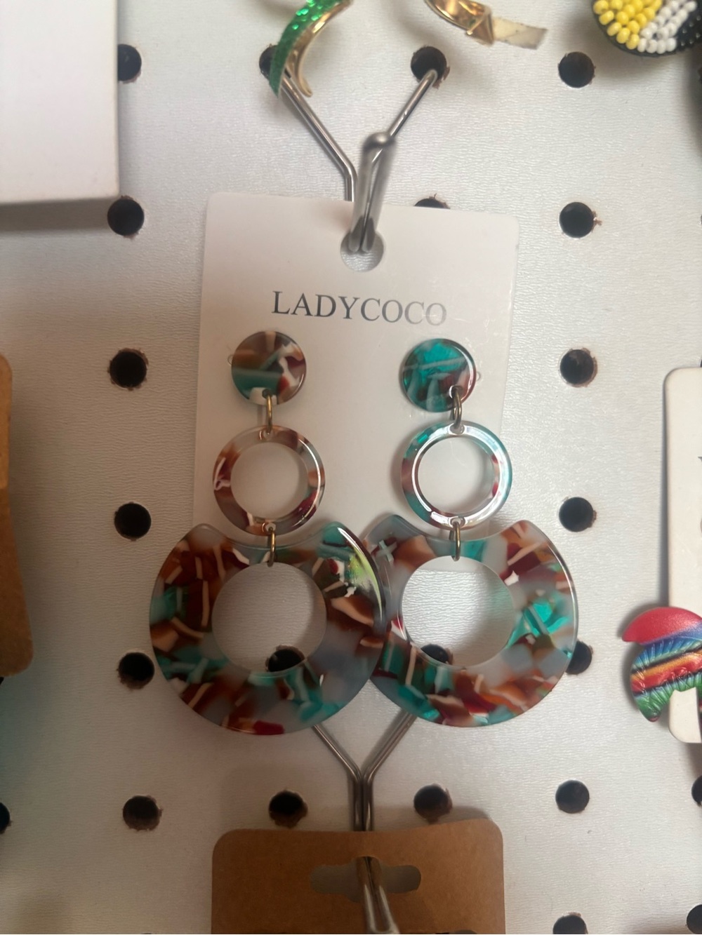 Multicolor Resin Hoop Drop Earrings - Turquoise & Brown